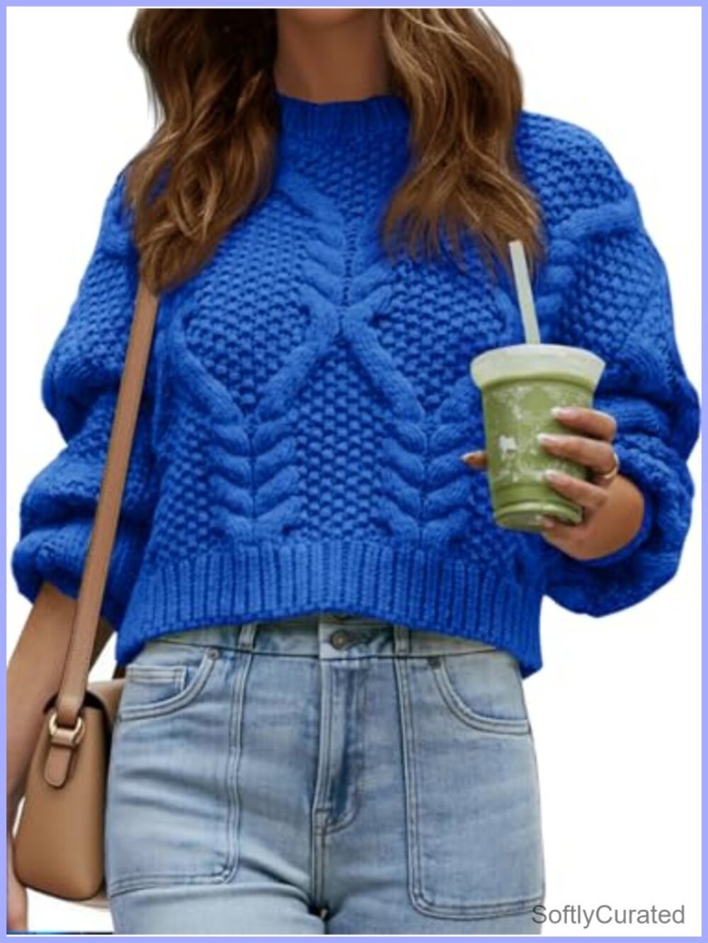 Cable Knit Cropped Sweater Chunky Puff Long Sleeve Crewneck Loose Pullover